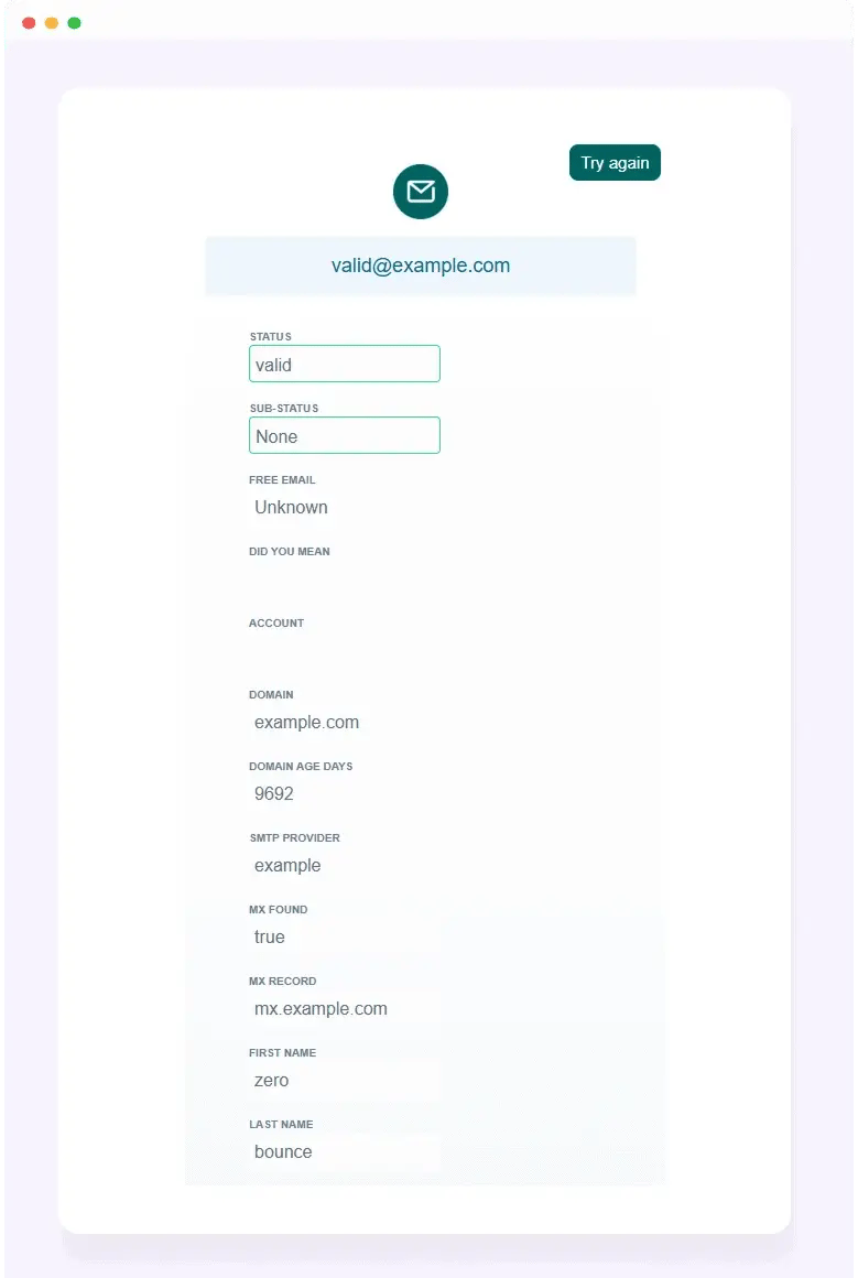 ZeroBounce's free email verifier tool results for the email address 'valid@example.com', which checks the email address and shows that it is valid.