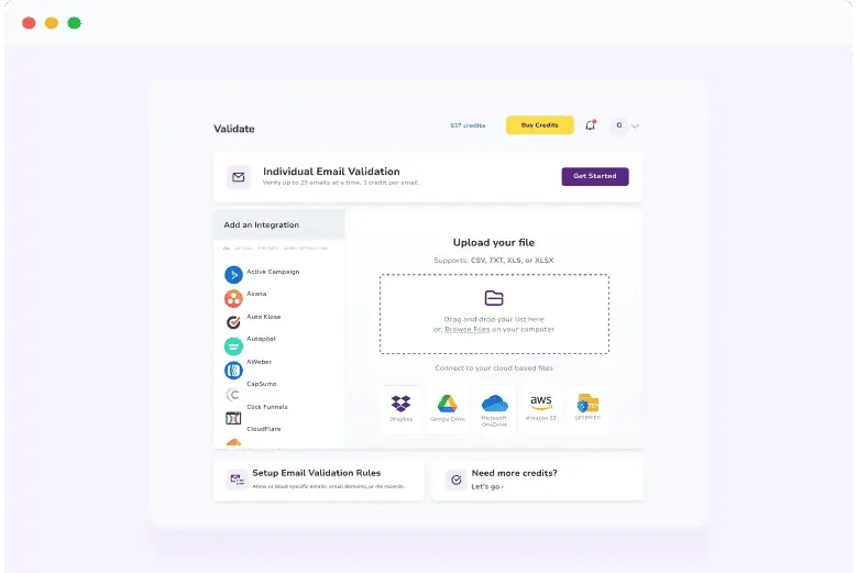 ZeroBounce's email validation upload screen.