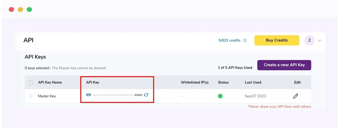 ZeroBounce API key menu with a red box around the master API key