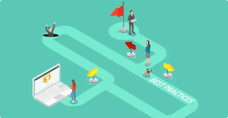 Cartoon displaying 4 people and a dog walking a path with different destinations. Each finding the best practice for email marketing.