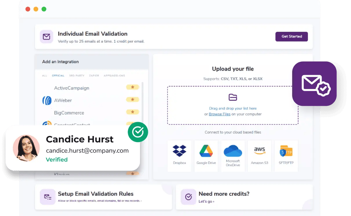The ZeroBounce email validation menu with a pop-up for the contact 'Candice Hurst,' which has the verified email address 'candice.hurst@company.com.'