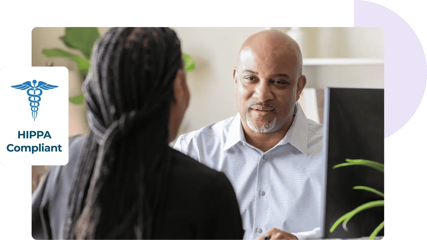 Businesswoman discusses ZeroBounce's HIPAA compliance with customer for their ,[object Object], needs