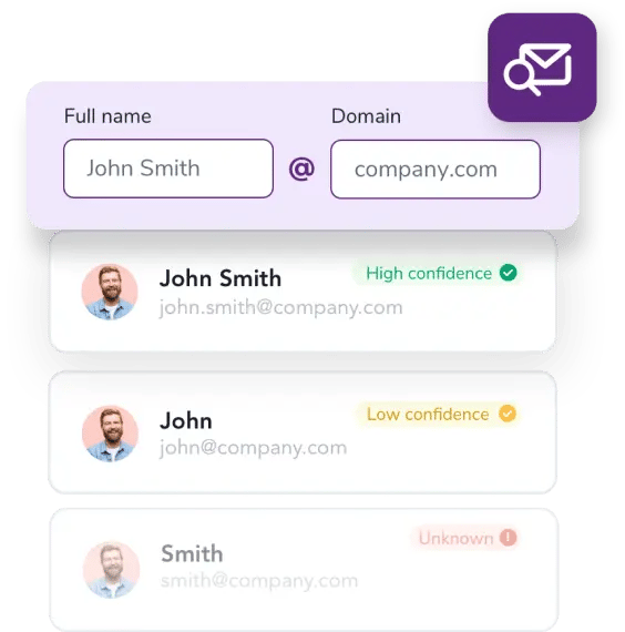 Name and domain email search results using the ZeroBounce Email Finder