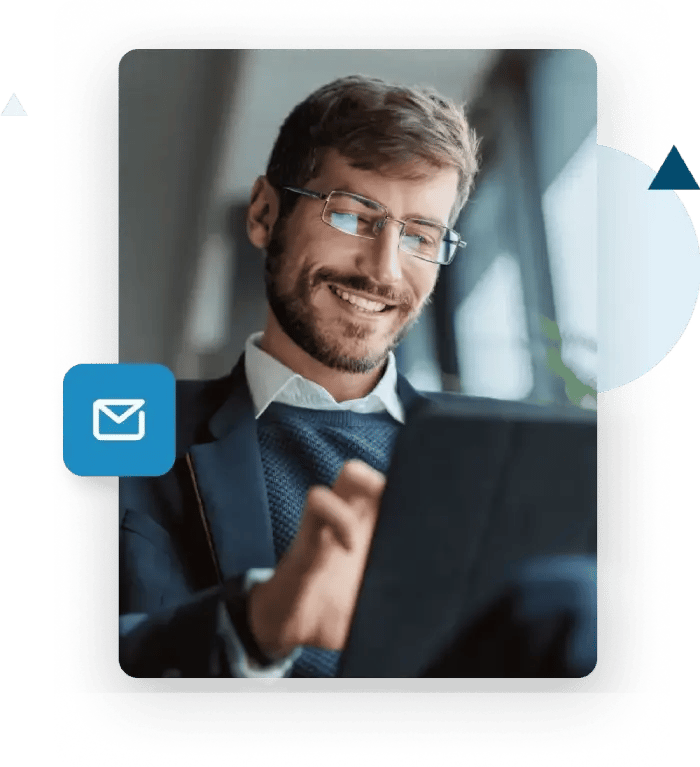 Happy business man using ZeroBounce ,[object Object], from an iPad to improve ,[object Object]
