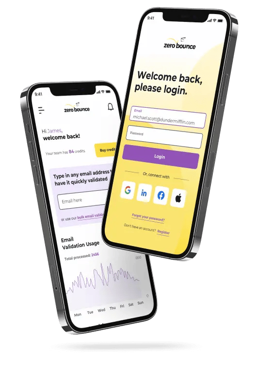 iPhones showing the ZeroBounce iOS app sign in screen and email validator