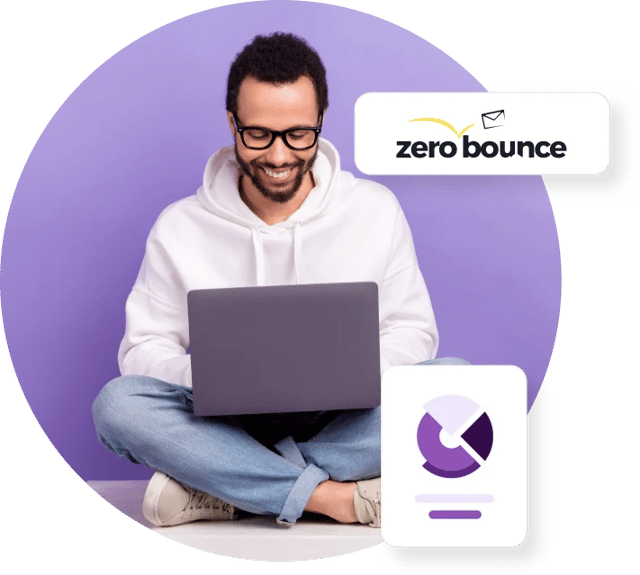 A man in jeans and a white hoodie sits cross-legged in front of a purple background with a laptop next to a pie chart, a 20% off speech bubble, and the ZeroBounce logo.